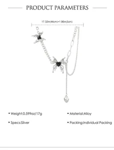 Silver butterfly necklace with black heart accents and 44cm chain length details