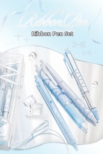 Detail of light blue ribbon-themed gel pens set with clear storage case and ornaments