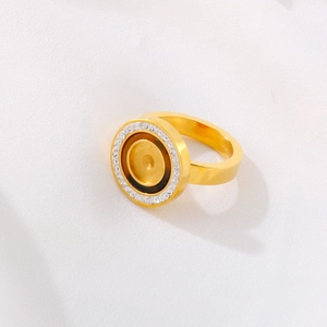 Golden stainless steel ring for men featuring black enamel center and zircon pavé accents