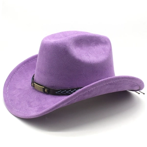 Detail of purple faux suede cowboy hat featuring bronze buckle and woven band trim