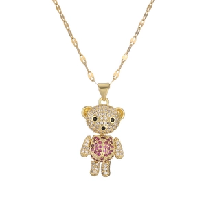 Golden movable teddy bear necklace with multicolor zircon crystals on a white background