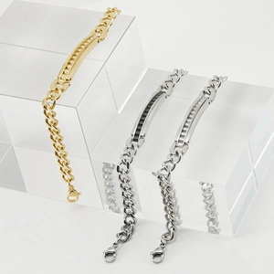 Classic stainless steel Cuban link bracelets in gold and silver with decorative bar