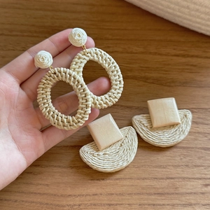 Bohemian rattan weave drop earrings with resin flowers and geometric wood accents