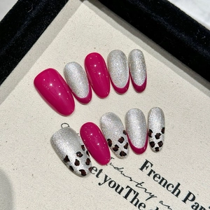 Handmade Press On Nails Rose Red Leopard Print Cat Eye Glitter Glossy Oval Almond Shape Reusable Artificial Fingernails