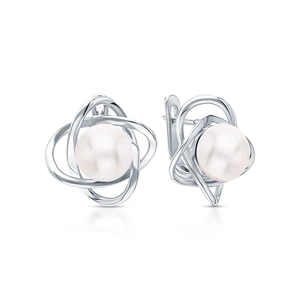 Elegant 925 sterling silver pearl stud earrings with circular metal wrap and mirror finish