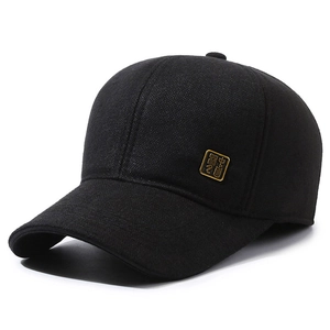 Men's wool baseball cap with thick ear flaps and golden Chinese emblem for winter