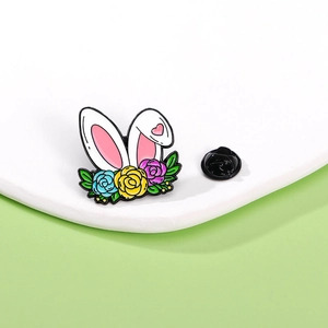 Easter metal brooch with cute rabbit ears and colorful roses design for bags