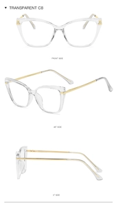 Three-view layout of transparent butterfly glasses with gold metal temples and TR90 frame
