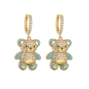 Sweet gold bear earrings set with white cubic zirconia and sky blue decorative stones