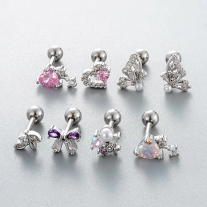 Set of 8 silver cartilage studs with pink and purple zircon butterflies and hearts