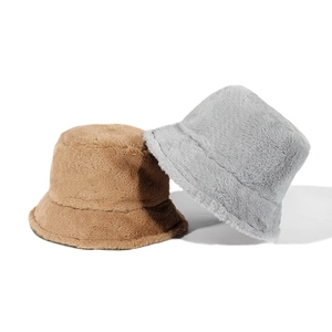 Women Plush Bucket Hat Faux Rabbit Fur Solid Color Warm Winter Fisherman Hat Wide Brim Adjustable Casual Simple
