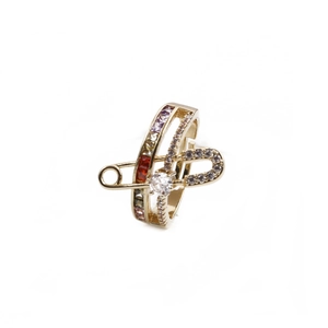 Safety Pin Open Adjustable Ring Copper Gold Plated Colorful Zircon Micro Inlaid Geometric Jewelry
