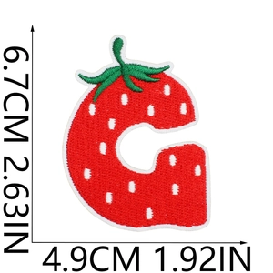 Detail view of letter G strawberry patch with embroidery texture and dimensions