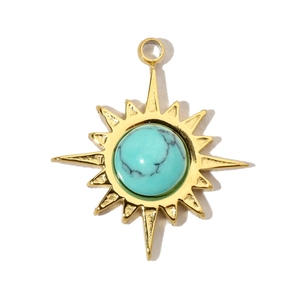 Detailed close-up of a gold sunburst pendant featuring a turquoise stone center on white