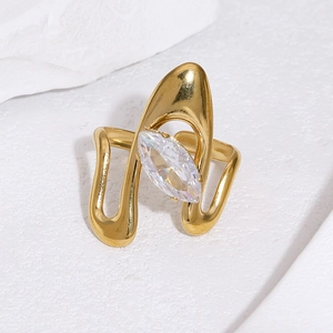 Detailed macro of 18k gold plated stainless steel ring with marquise zircon stone