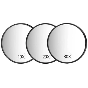 Detailed set of 10X, 20X, and 30X magnifying mirrors with sleek black frames for makeup