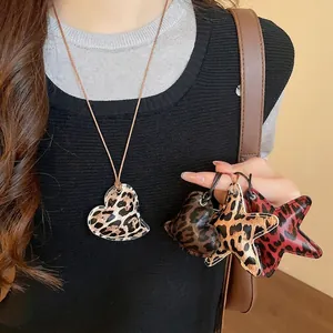 Leopard Print Heart Star Pendant Necklace Leather Stitching Long Cord Retro Ethnic Style Jewelry For Women