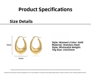 Detailed size specifications for 14K gold plated stainless steel U-shaped hoop earrings
