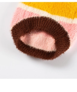 Detailed close-up of striped plush pet sweater fabric with soft faux mink fur texture