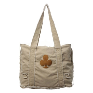 Vintage beige canvas tote bag with frayed edges and brown club-shaped leather patch
