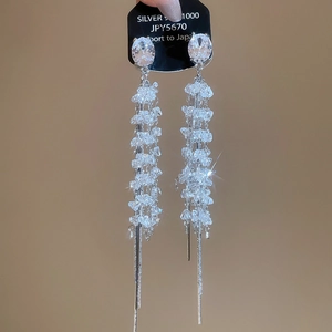 Close-up of S925 silver fringe earrings with sparkling zircon crystals and long chains