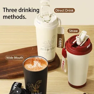 Vacuum Insulated Coffee Tumbler 316 Stainless Steel Leak Proof With Strap Floral Print Portable Travel Mug