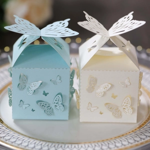 Nahaufnahme von lasergeschnittenen Schmetterlings-Geschenkboxen in Hellblau und Creme