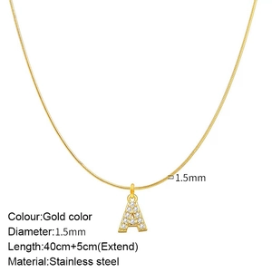 Golden stainless steel snake chain necklace with A-letter zircon pendant 40+5cm length