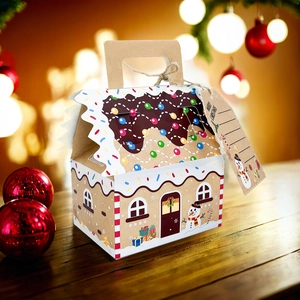 Gingerbread house Christmas kraft gift box with snow roof design and holiday gift tag