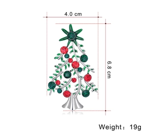 Detailed view of rhinestone Christmas tree brooch showing dimensions 4.0 cm by 6.8 cm