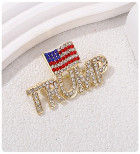 Macro shot of TRUMP letter brooch with sparkling rhinestones and American flag design