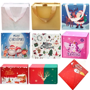 Various Christmas and unicorn themed paper gift boxes and bags in festive colors