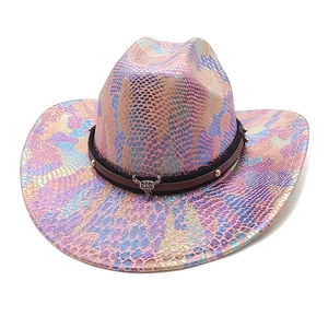 Iridescent snakeskin western cowboy hat with silver bull head and metal studs