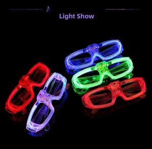 Detail showing five colors of LED glowing glasses with neon light effect on black background