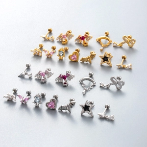 Set of 20 mixed fashion cartilage stud earrings with heart butterfly and zircon wing designs