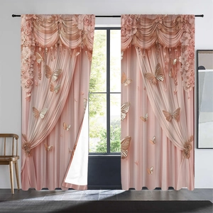 Detail view of pink curtains featuring golden butterfly and floral 3D digital print patterns