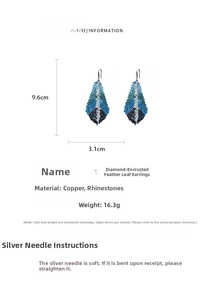 Detailed dimensions of blue crystal feather tassel earrings with 9.6cm length spec
