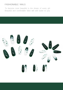 High-quality detailed view of dark green and white floral long ballet press-on nails set.