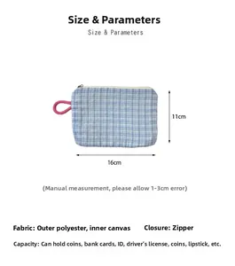 Detailed size chart of a blue checkered storage pouch with a pink ring handle
