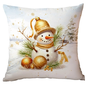 Close-up of winter Christmas pillow cover featuring an adorable snowman with gold accents
