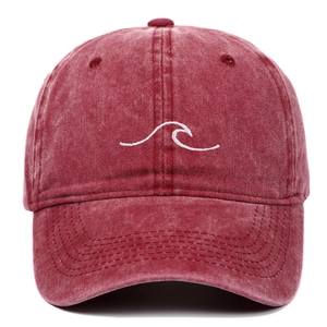 Vintage washed burgundy cotton baseball cap with white wave embroidery and curved brim