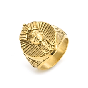 Vintage gold-plated stainless steel Egyptian Pharaoh Tutankhamun ring for men in 45-degree view