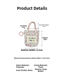Detailed view of pink floral mini pouch with dimensions and polyester fabric texture