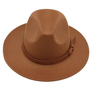 Detailed view of the brown wool fedora with a slim leather belt buckle and smooth texture
