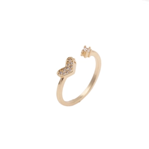 Adjustable golden open ring featuring a sparkling zircon heart and a square crystal accent