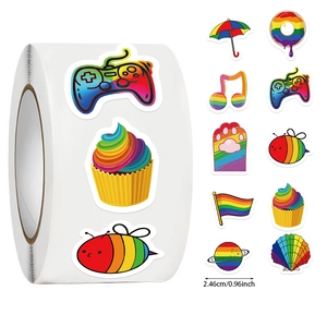 Detail showing various 0.96 inch rainbow cartoon stickers for kids gift decoration