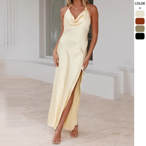 Robe Maxi En Satin À Dos Nu Col Bénitier Fente Haute Coupe Ajustée Sexy Soirée Cocktail Vacances Pour Femmes