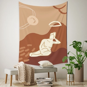 Detail of bohemian tapestry featuring abstract female outline in earthy brown and beige tones