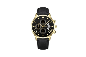 Detail view of the black and gold Geneva watch face with three sub-dials and date window