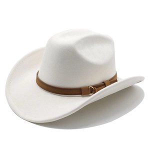 Chapeau de cowboy blanc en suédine à large bord avec bande brune et boucle dorée